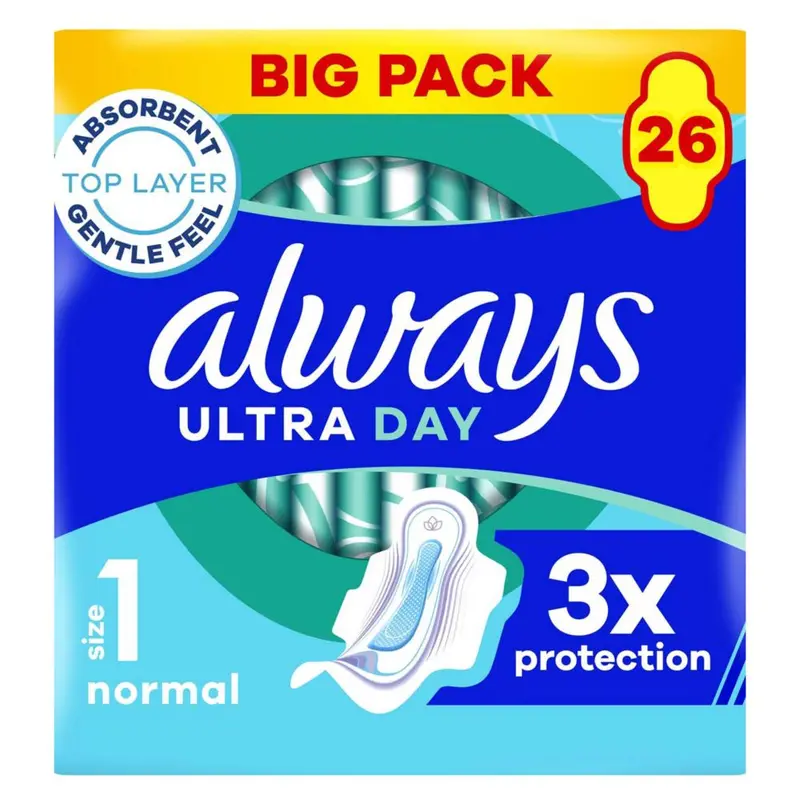 Always Ultra Day Sanitary Towels Normal (Size 1) With Wings 26 Pads, Super Absorbent And Ultra Thin, For Menstrual Periods