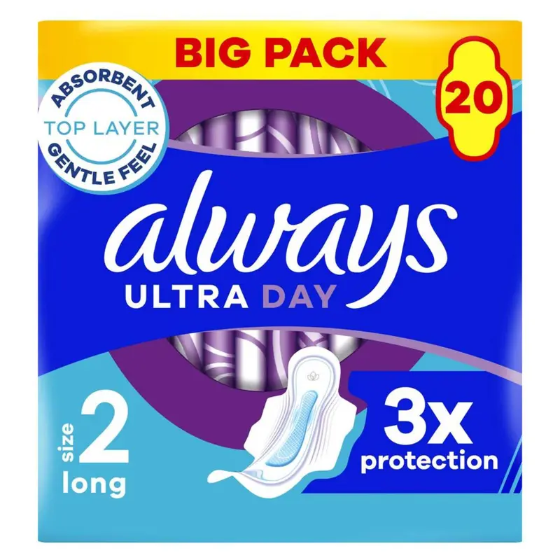 Always Ultra Day Sanitary Towels Long (Size 2) With Wings 20 Pads, Super Absorbent And Ultra Thin, For Menstrual Periods