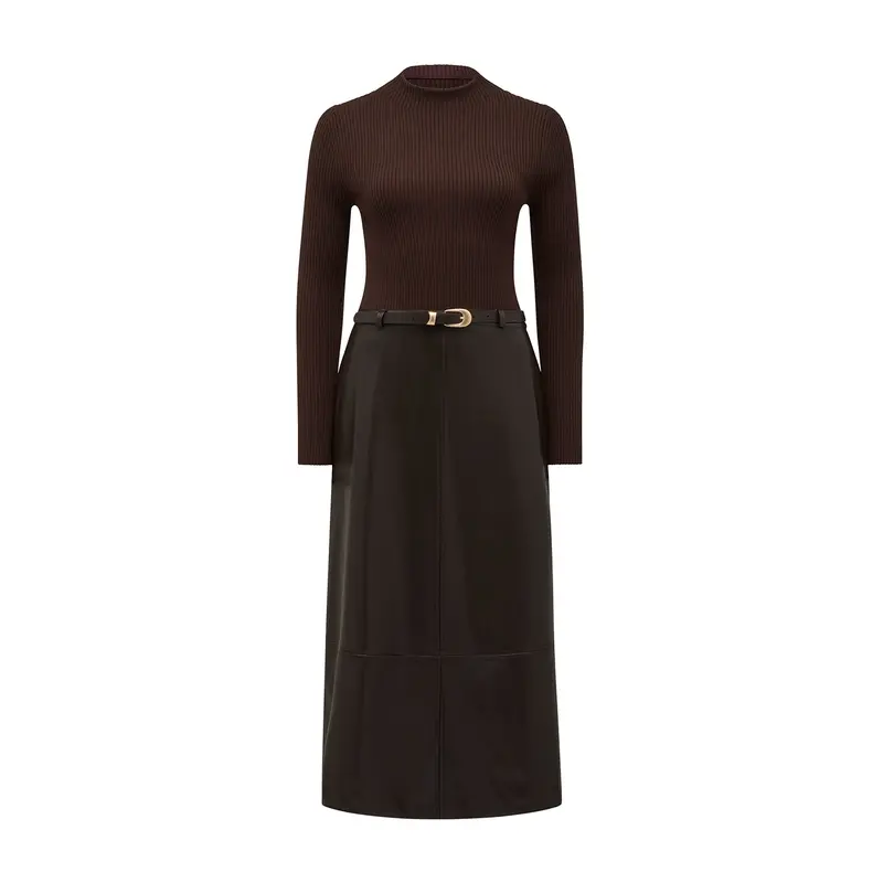 Brooklyn Vegan Leather A Line Midi Dress Brown