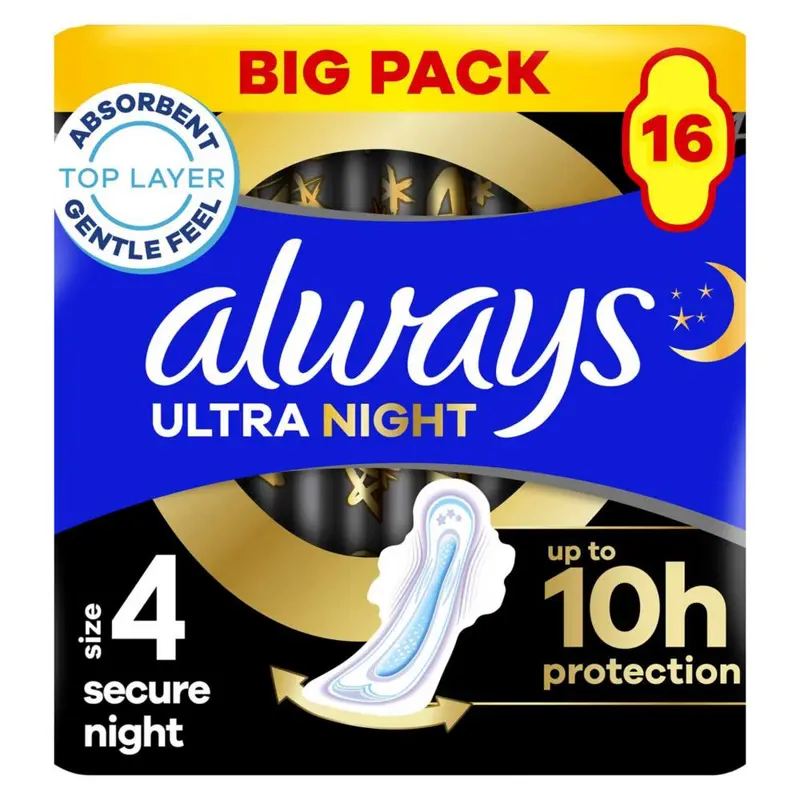Always Ultra Sanitary Towels Secure Night (Size 4) With Wings 16 Pads, Super Absorbent And Ultra Thin, For Menstrual Periods