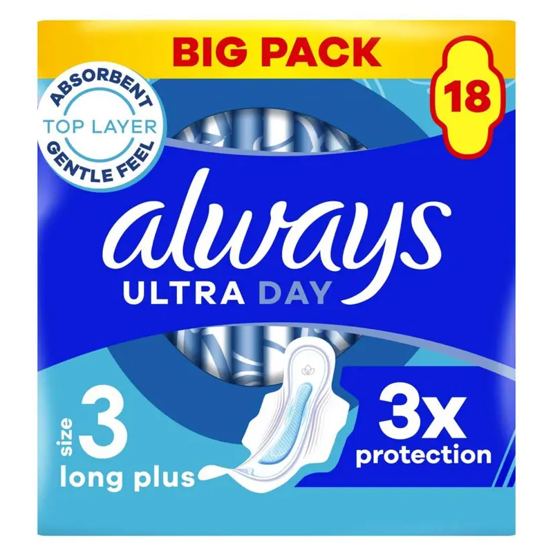 Always Ultra Sanitary Towels Long Plus (Size 3) With Wings 18 Pads, Super Absorbent And Ultra Thin, For Menstrual Periods