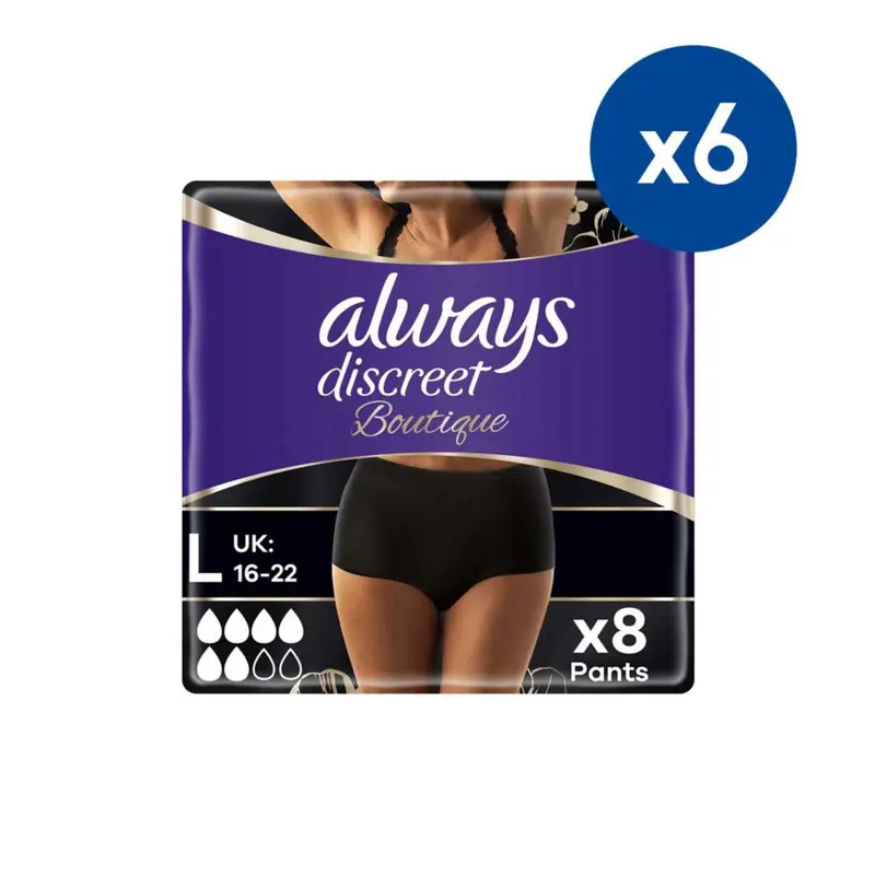 Always Discreet Boutique Underwear Incontinence Pants Plus Large Black - 48 Pants (6 pack bundle)