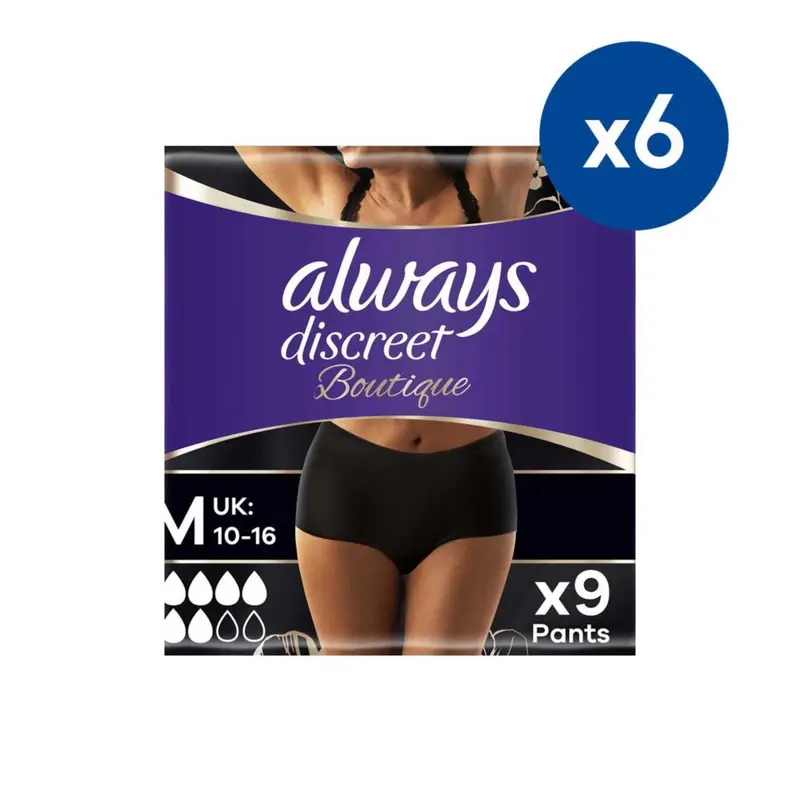 Always Discreet Boutique Underwear Incontinence Pants Plus Medium Black - 54 Pants (6 pack bundle)