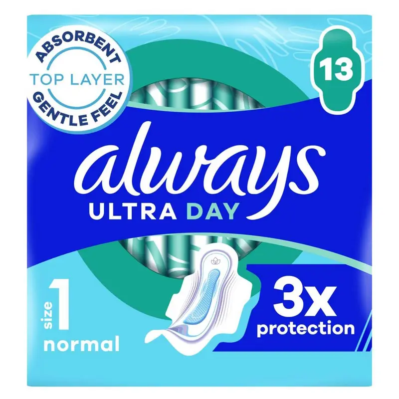 Always Ultra Day Sanitary Towels Normal (Size 1) With Wings 13 Pads, Super Absorbent And Ultra Thin, For Menstrual Periods