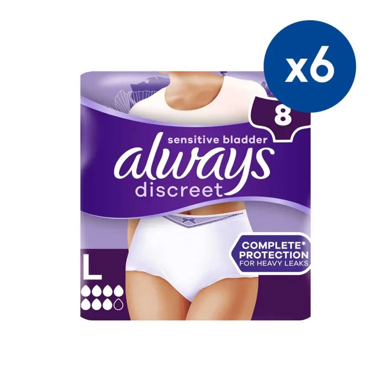 Always Discreet for Sensitive Bladder Pants Plus (6 Drop) Large - 48 Pants (6 pack bundle)