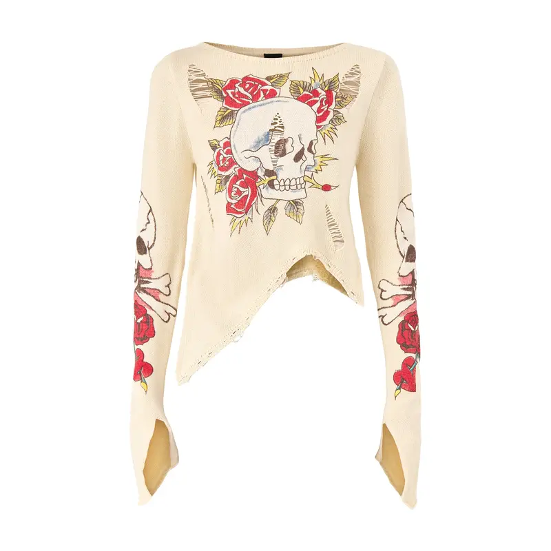 Skull And Roses Distressed Knit Ecru