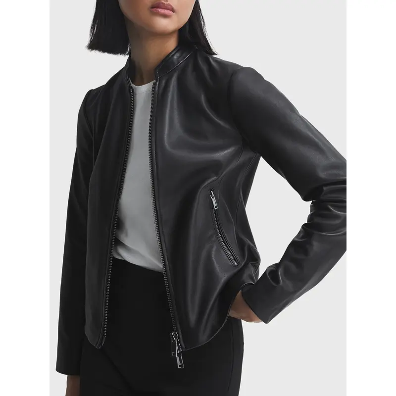 Allie Leather Collarless Biker Jacket
