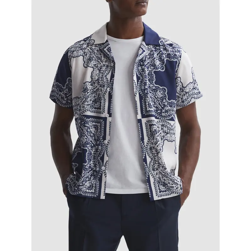 Loxley Printed Cuban Collar Button Through T-Sh