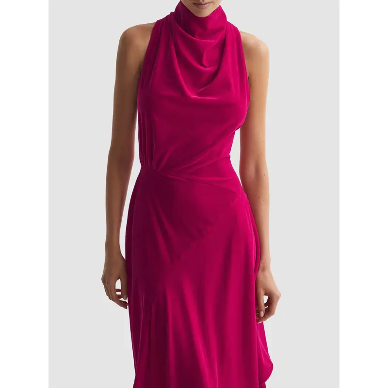 Giannon Velvet Funnel Neck Asymmetric Midi Dress