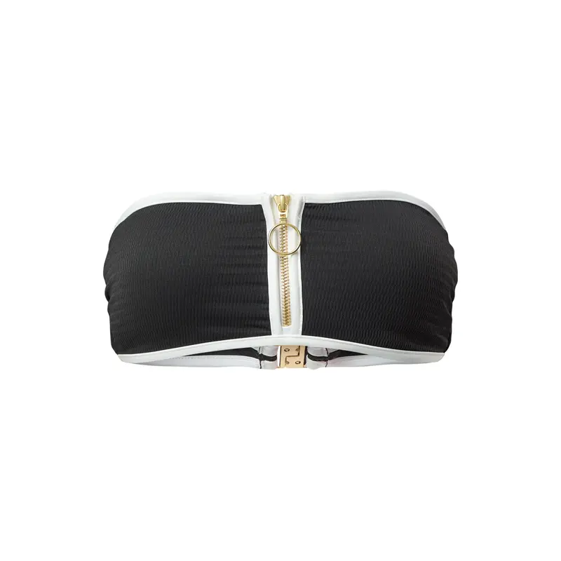 Zip Front Bandeau Black Solid Bikini Top