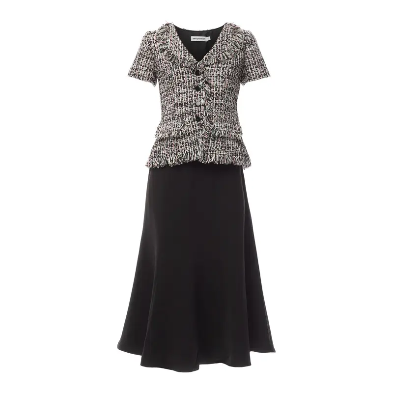 Black Boucle Fringed Midi Dress