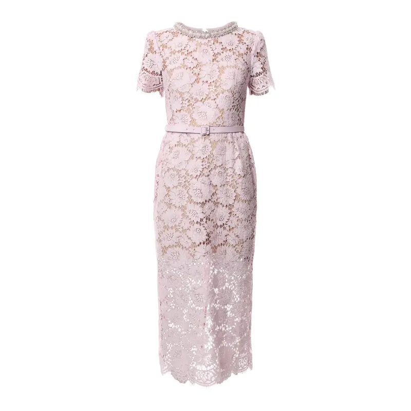 Pink Fine Lace Pearl Midi Dress
