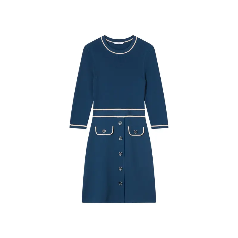 Ciara Viscose Blend Button Through Knit Dress Blue & Navy